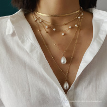 Moda encanto cadena perla collares multicapa mujeres chapado en oro collar colgante joyería